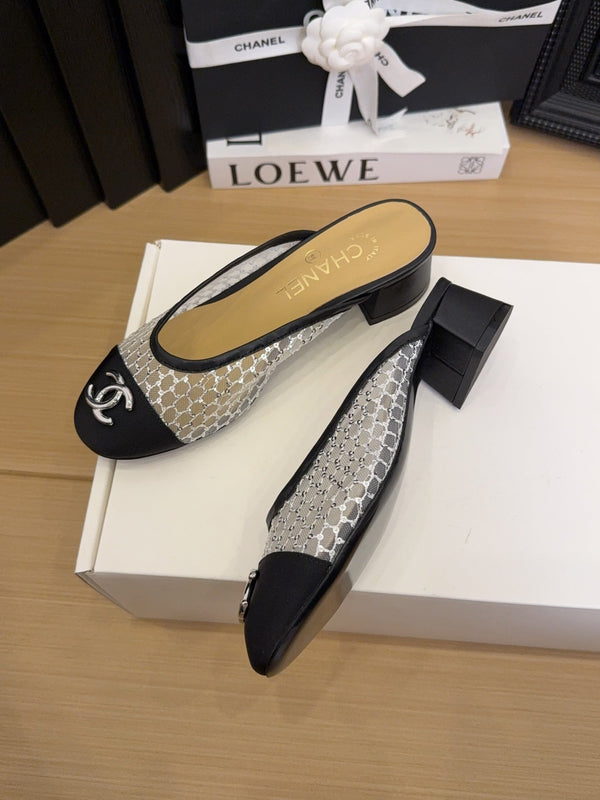 CC 25 Mule 40mm White Mesh Beige Sheepskin Black Grosgrain 277725