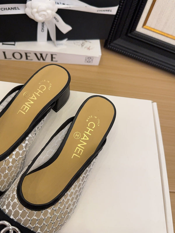 CC 25 Mule 40mm White Mesh Beige Sheepskin Black Grosgrain 277725