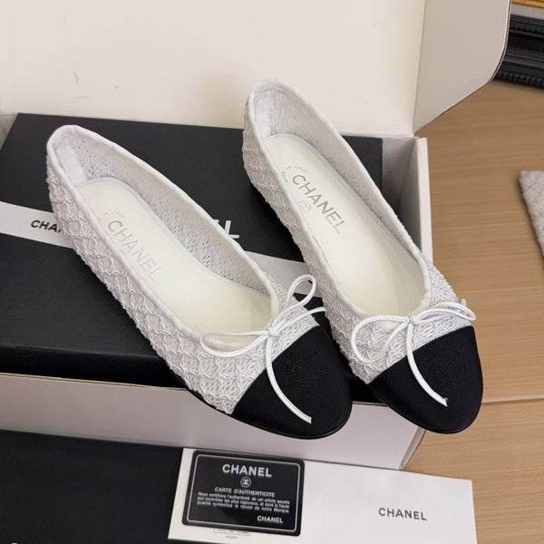 CC 25 Ballet Flats White Mesh Fabric Black Grosgrain 277707