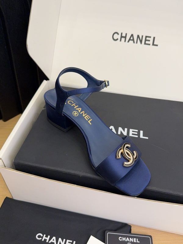 CC 25 High Heels 40 Sandals Navy Blue Satin And Sheepskin Square Toe 277711