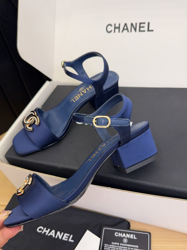 CC 25 High Heels 40 Sandals Navy Blue Satin And Sheepskin Square Toe 277711