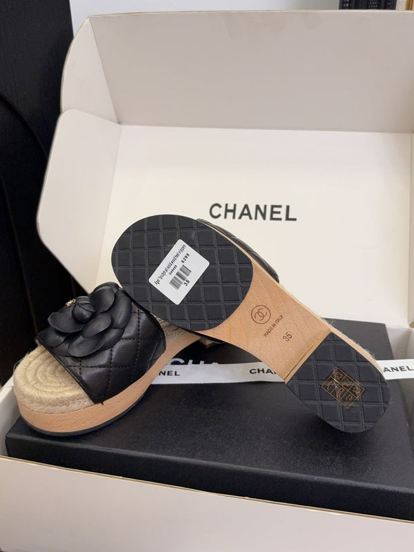 CC 25 Camellia 40 Mule Pelle Nera e Espadrillas Mix Suola in Legno 277720