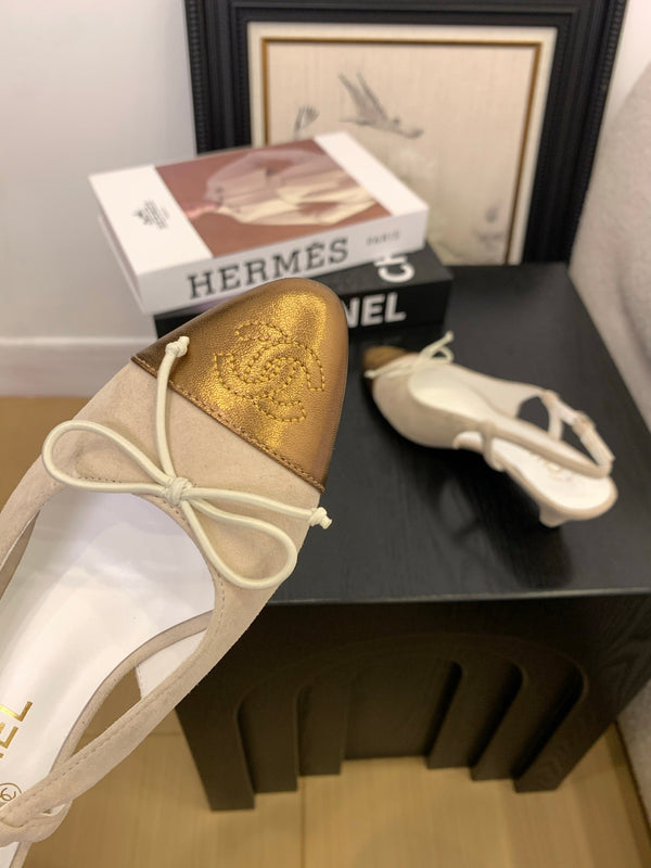 CC 25 Slingbacks 45 Bow With Beige Suede Mix Gold Sheepskin 277673
