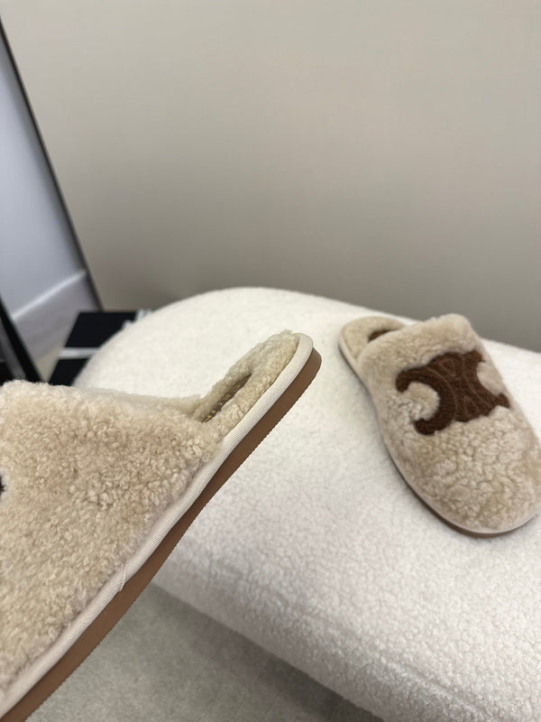 CL Elena Mule in Shearling 10mm Beige Brown Wool 435859