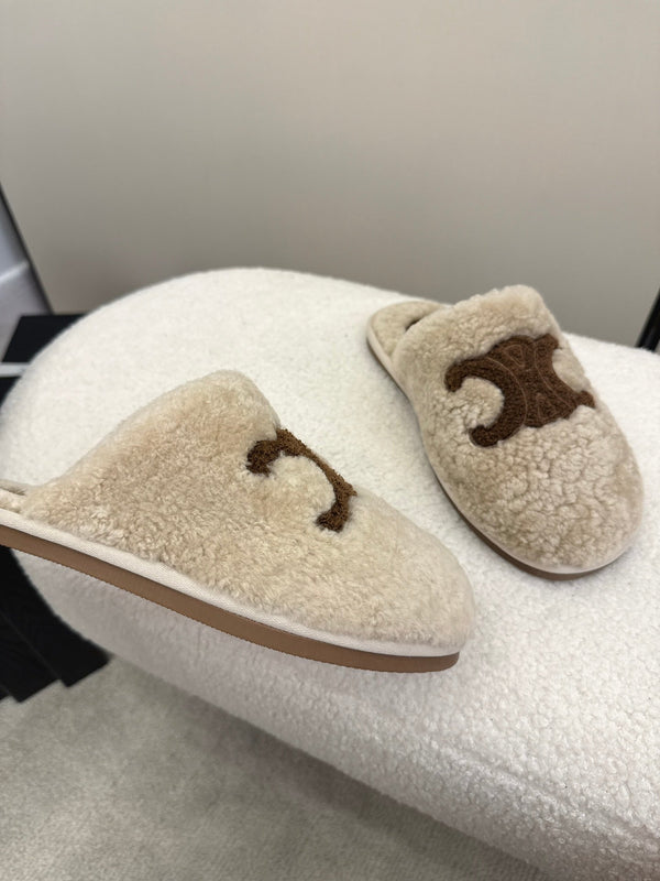 CL Elena Mule in Shearling 10mm Beige Brown Wool 435859