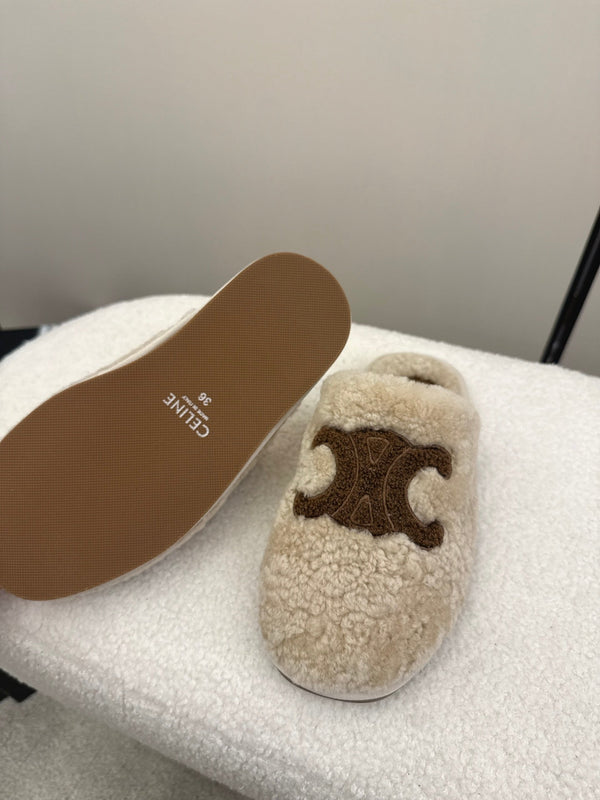 CL Elena Mule in Shearling 10mm Beige Brown Wool 435859