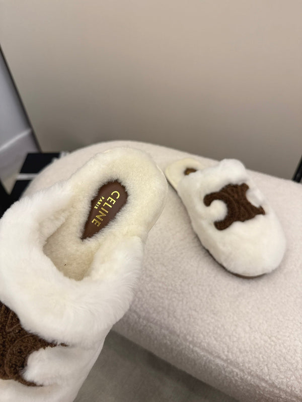 CL Elena Mule in Shearling 10mm White Brown Wool 435860