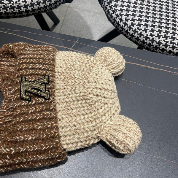 KNITTED BEANIE HAT WITH CUTE EARS IN BEIGE MIX BROWN WOOL 403482