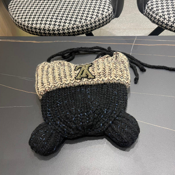 KNITTED BEANIE HAT WITH CUTE EARS IN BLACK MIX BEIGE WOOL 403483