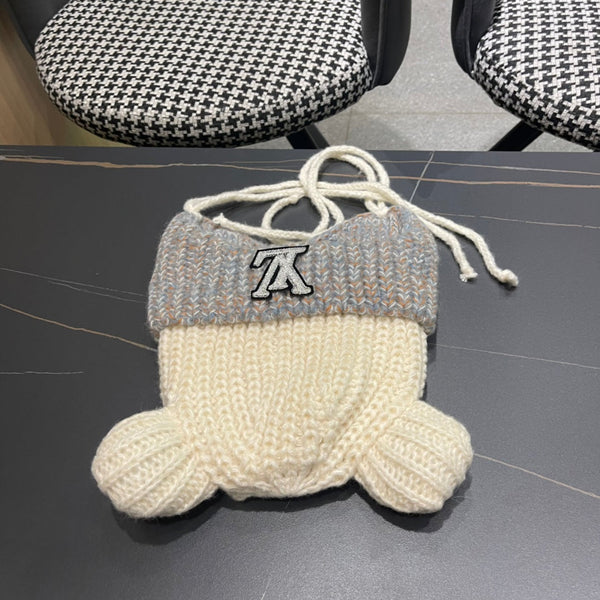 KNITTED BEANIE HAT WITH CUTE EARS IN WHITE MIX GRAY WOOL 403484