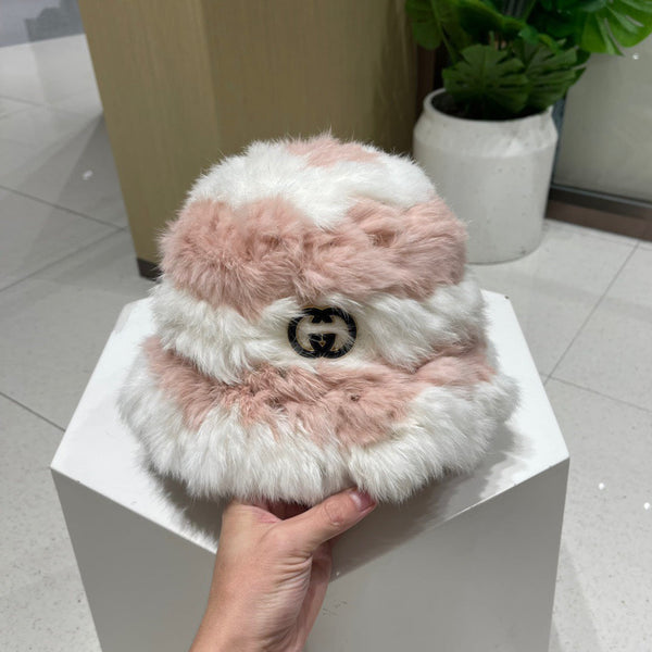 BUCKET HAT IN LIGHT PINK MIX WHITE RABBIT FUR 404639
