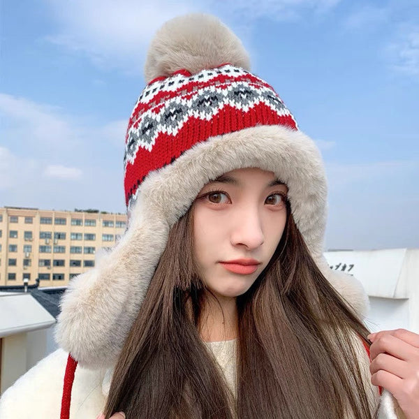 CAPPELLO PARAORECCHIE IN PELUCHE DI LANA COLORATA E PELLICCIA DI CONIGLIO 408169