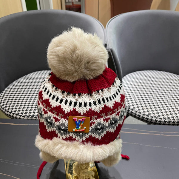 CAPPELLO PARAORECCHIE IN PELUCHE DI LANA COLORATA E PELLICCIA DI CONIGLIO 408169