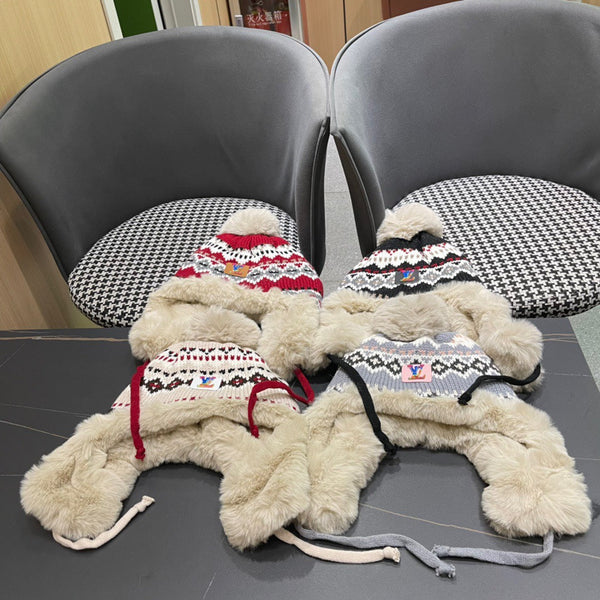 CAPPELLO PARAORECCHIE IN PELUCHE DI LANA COLORATA E PELLICCIA DI CONIGLIO 408169