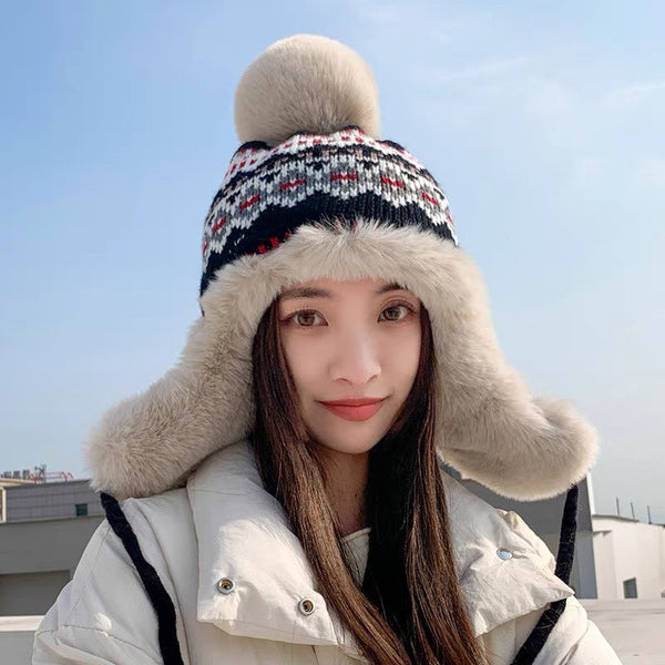 PLUSH EARMUFFS HAT IN COLORFUL WOOL AND RABBIT FUR 408171