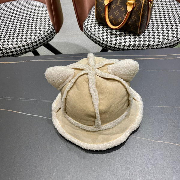 FISHERMAN HAT WITH CUTE CAT EARS IN BEIGE VELVET AND LAMB FUR 414690