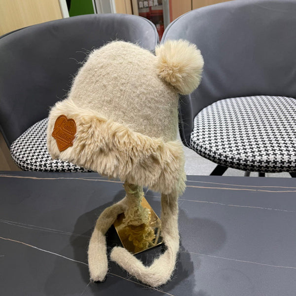 BEANIE HAT IN CREAM BEIGE WOOL AND LAMB FUR 427793