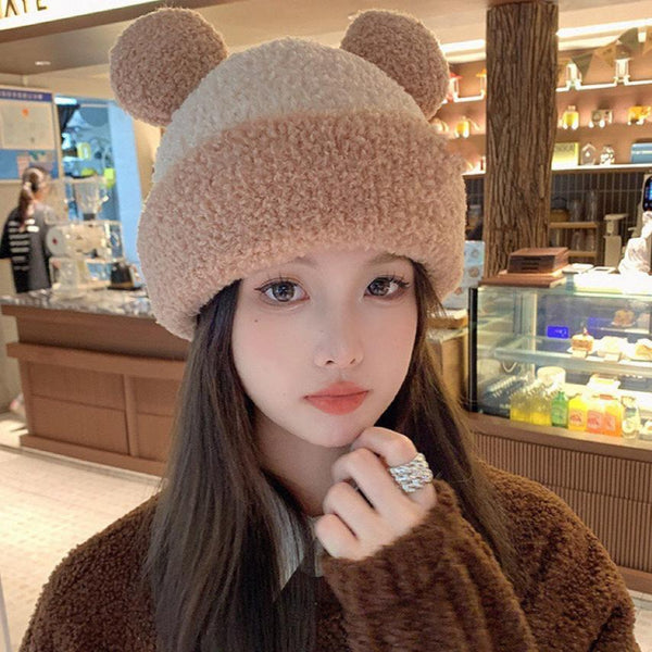 BEANIE HAT IN CAMEL BROWN WOOL AND RABBIT FUR 437685