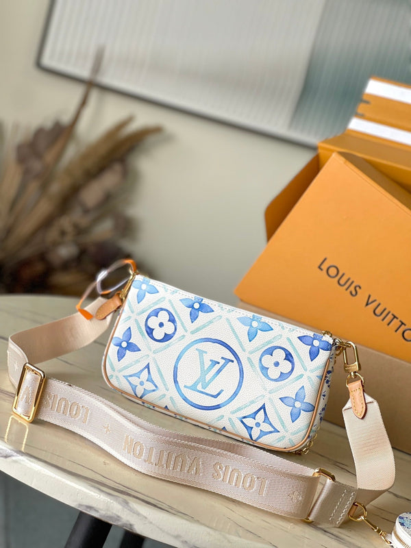 BORSA MULTI ACCESSORI 24 IN TELA CON PIASTRELLE MONOGRAMMA BLU LAGUNA E FERRAMENTA ORO