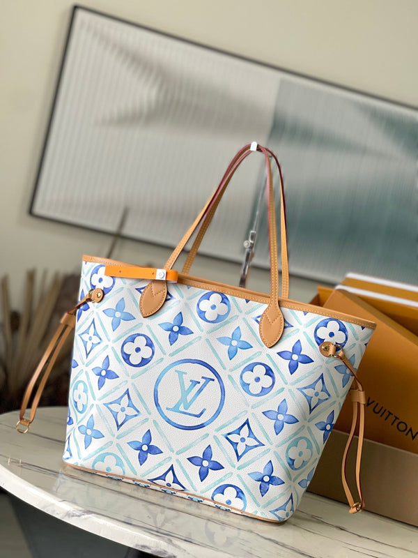 NEVERFULL MM 31 IN TELA CON PIASTRELLE MONOGRAMMA BLU LAGUNA