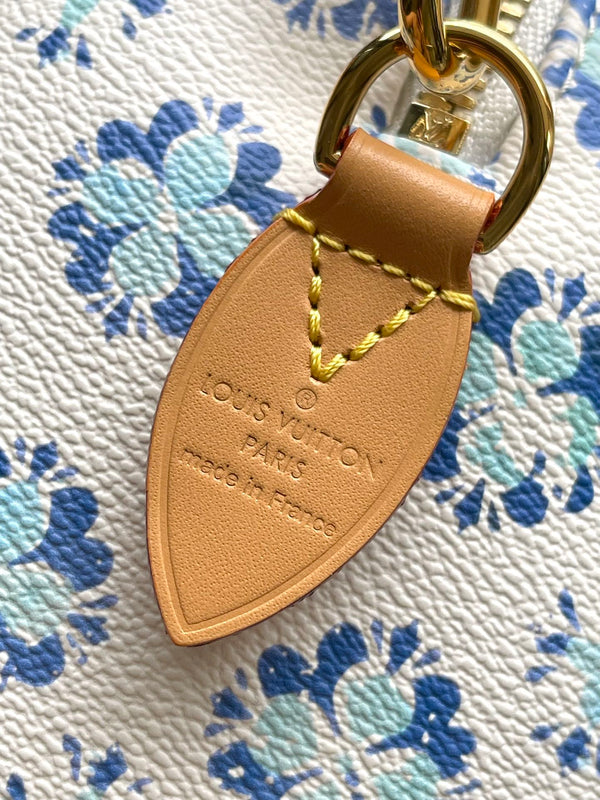 SPEEDY BANDOULIÈRE 20 IN LAGOON BLUE MONOGRAM TILES CANVAS GOLD BUCKLE