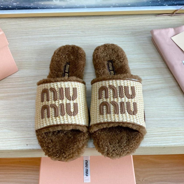 Miu Slipper Beige And Brown Woven Raffia