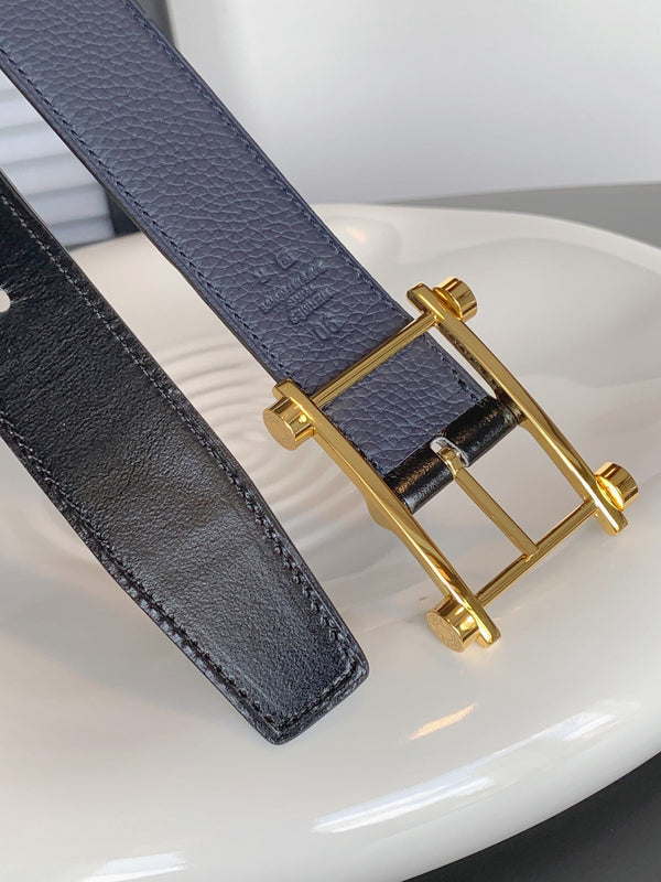 HM REVERSIBLE NAVY BLUE LEATHER STRAP 32 MM GOLD HARDWARE