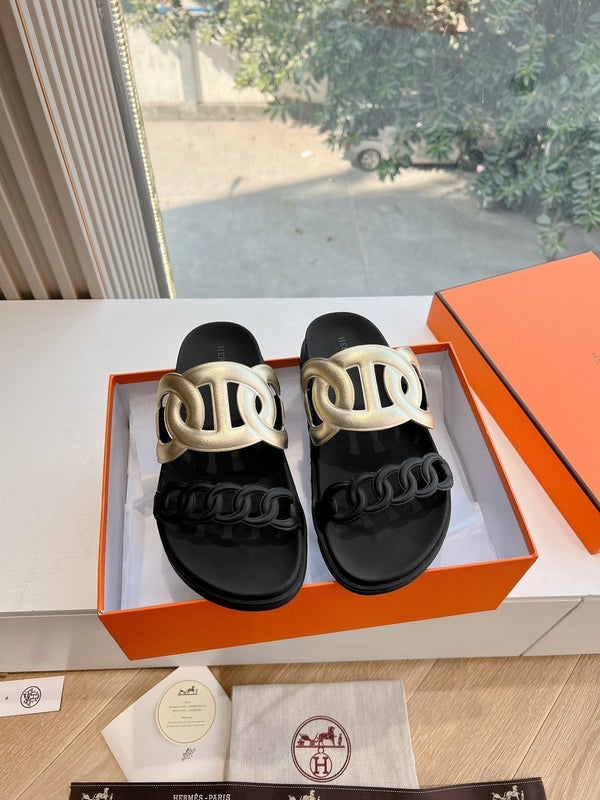 EXTRA SANDAL IN GOLD MIX BLACK CALFSKIN