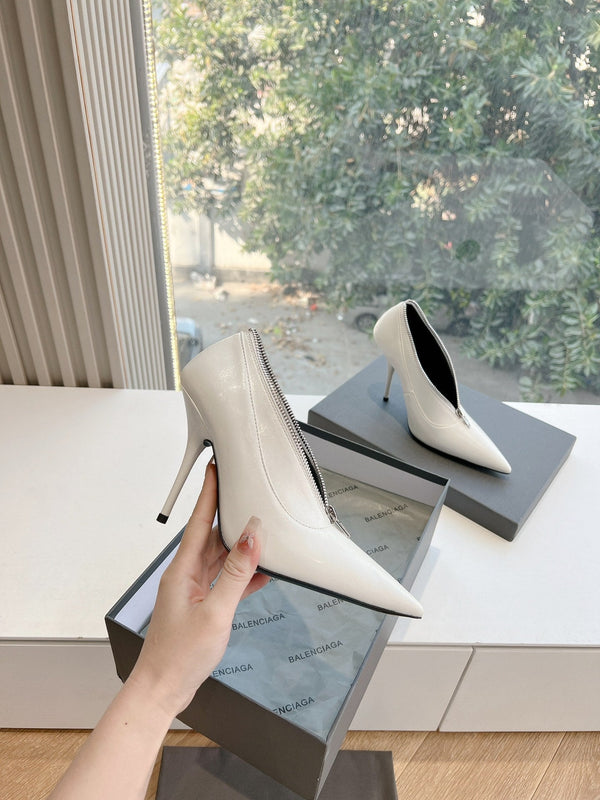 ZIPPER POINTED-TOE HIGH PUMPS IN WHITE WAX-OIL SHEEPSKIN