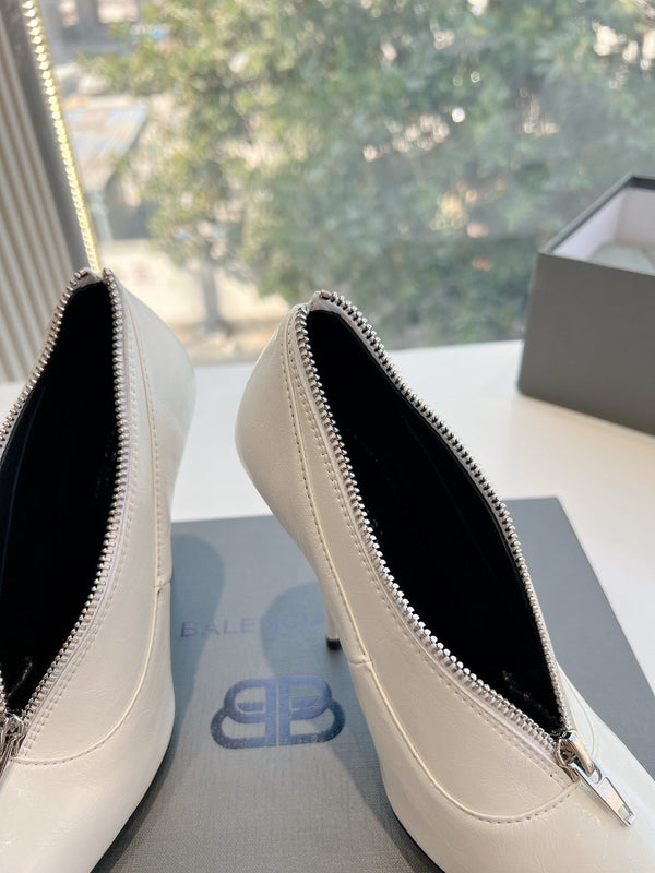 ZIPPER POINTED-TOE HIGH PUMPS IN WHITE WAX-OIL SHEEPSKIN