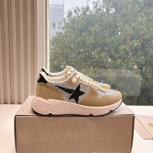 RUNNING SOLE SNEAKERS IN SILVER GLITTER AND PECAN PIE SUEDE BLACK CALFSKIN STAR