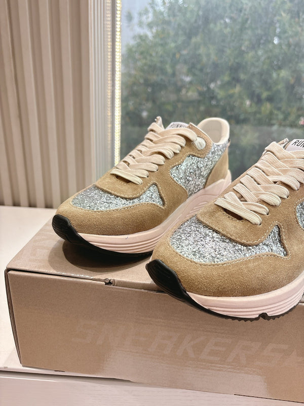 RUNNING SOLE SNEAKERS IN SILVER GLITTER AND PECAN PIE SUEDE BLACK CALFSKIN STAR