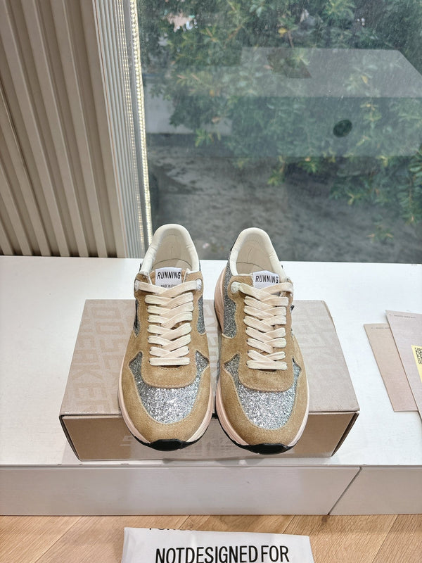 RUNNING SOLE SNEAKERS IN SILVER GLITTER AND PECAN PIE SUEDE BLACK CALFSKIN STAR