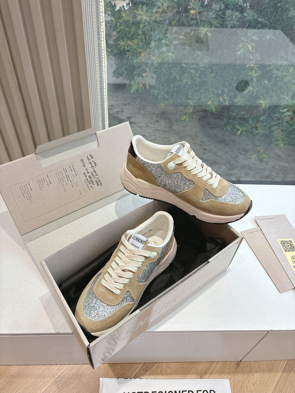 RUNNING SOLE SNEAKERS IN SILVER GLITTER AND PECAN PIE SUEDE BLACK CALFSKIN STAR