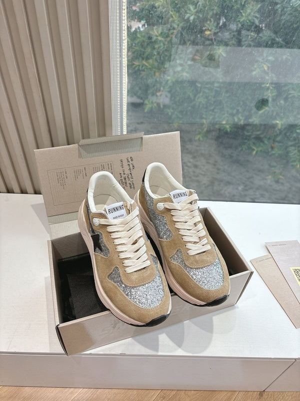 RUNNING SOLE SNEAKERS IN SILVER GLITTER AND PECAN PIE SUEDE BLACK CALFSKIN STAR