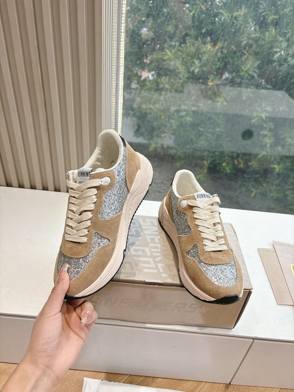 RUNNING SOLE SNEAKERS IN SILVER GLITTER AND PECAN PIE SUEDE BLACK CALFSKIN STAR