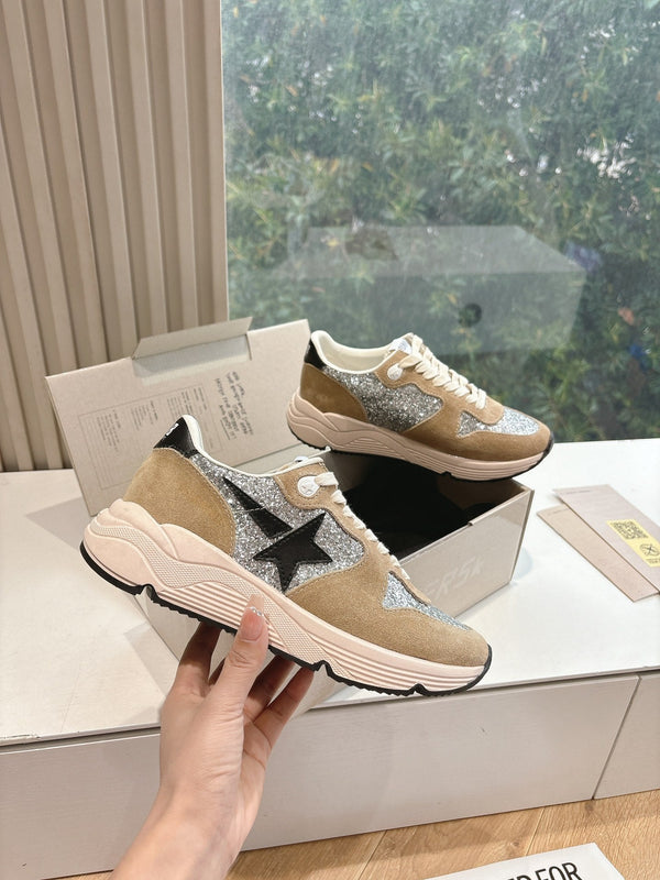 RUNNING SOLE SNEAKERS IN SILVER GLITTER AND PECAN PIE SUEDE BLACK CALFSKIN STAR