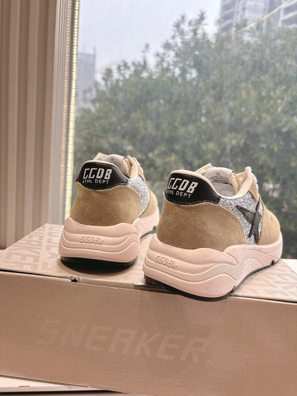 RUNNING SOLE SNEAKERS IN SILVER GLITTER AND PECAN PIE SUEDE BLACK CALFSKIN STAR