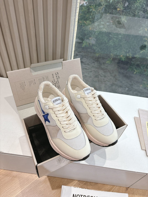 RUNNING SOLE SNEAKERS IN WHITE MESH, BEIGE SUEDE AND CALFSKIN WITH BLUE STAR