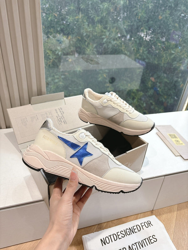 RUNNING SOLE SNEAKERS IN WHITE MESH, BEIGE SUEDE AND CALFSKIN WITH BLUE STAR