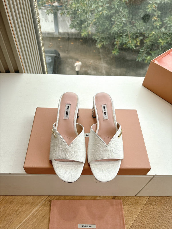 Miu White Croc Embossed Slide Sandals with Embellished Heel 223916