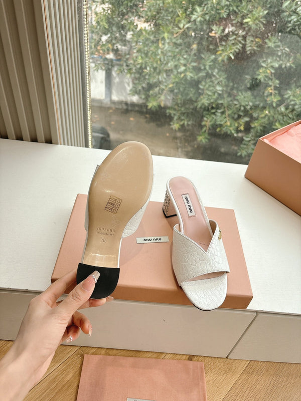 Miu White Croc Embossed Slide Sandals with Embellished Heel 223916