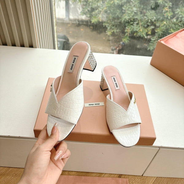 Miu White Croc Embossed Slide Sandals with Embellished Heel 223916