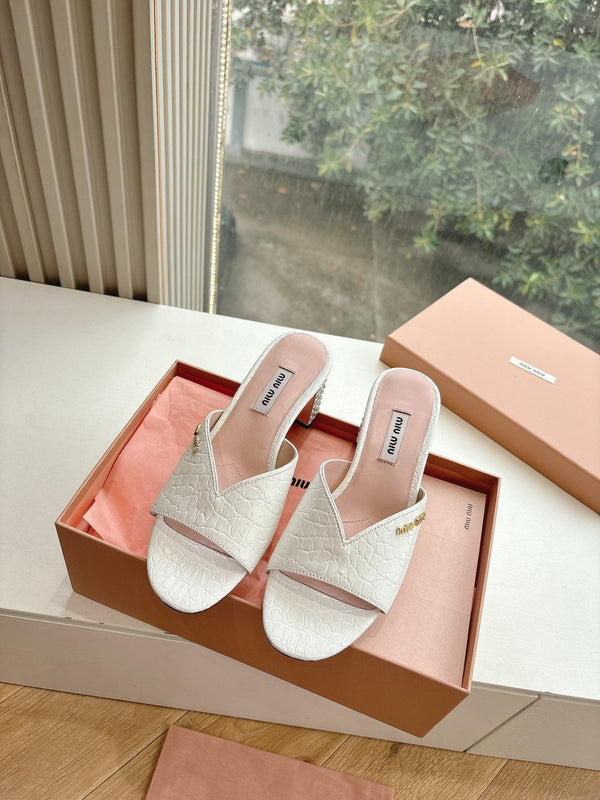 Miu White Croc Embossed Slide Sandals with Embellished Heel 223916