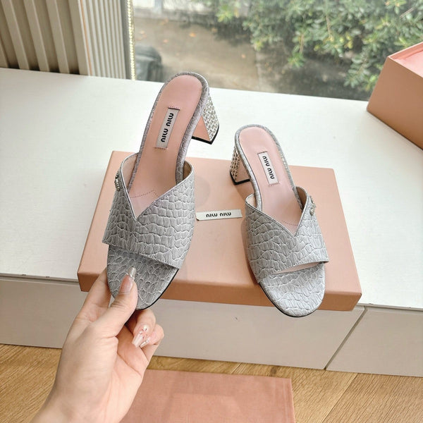 Miu Grey Croc Embossed Slide Sandals with Embellished Heel 223919