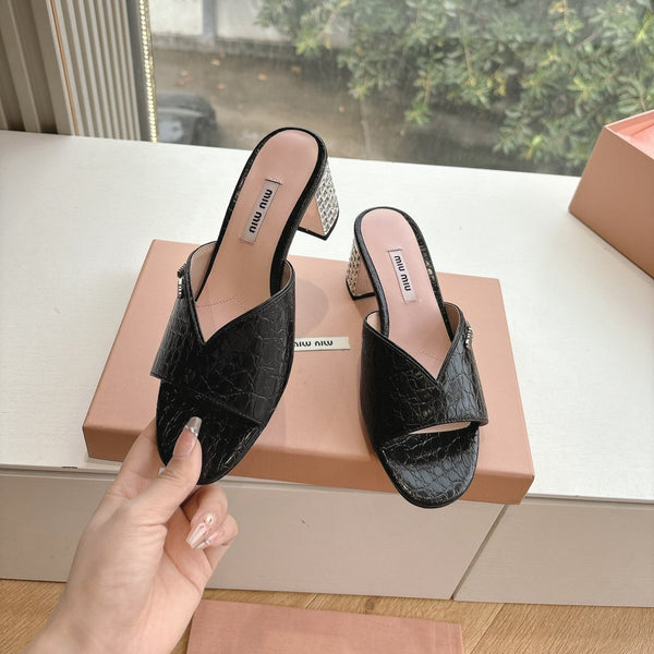Miu Miu Black Croc Embossed Slide Sandals with Embellished Heel 223920