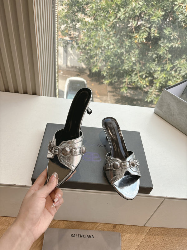 MULES CAGOLE CON TACCO MEDIO IN PELLE DI VITELLO METALLIZZATA ARGENTO