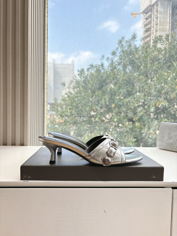 MULES CAGOLE CON TACCO MEDIO IN PELLE DI VITELLO METALLIZZATA ARGENTO