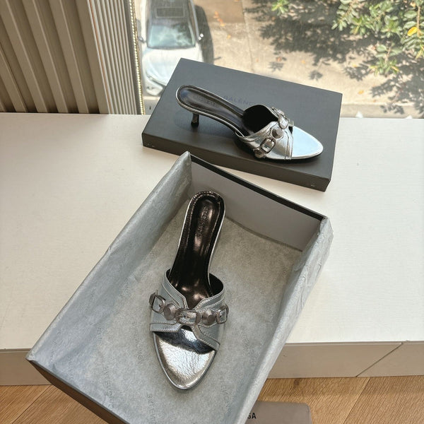 MULES CAGOLE CON TACCO MEDIO IN PELLE DI VITELLO METALLIZZATA ARGENTO