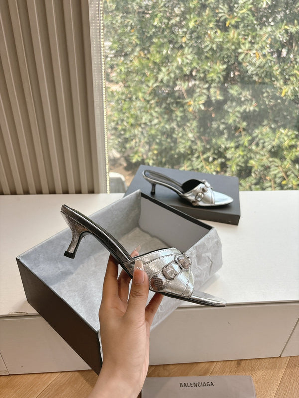 MULES CAGOLE CON TACCO MEDIO IN PELLE DI VITELLO METALLIZZATA ARGENTO